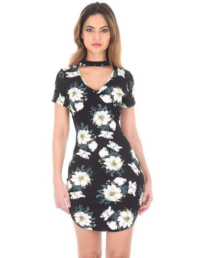Black Floral Choker Mini Bodycon Dress