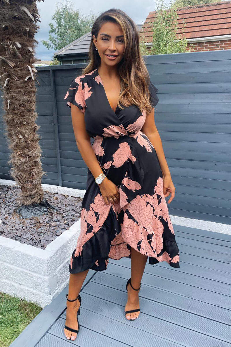 Black and Blush Floral Print Wrap Midi Dress * 20 pieces