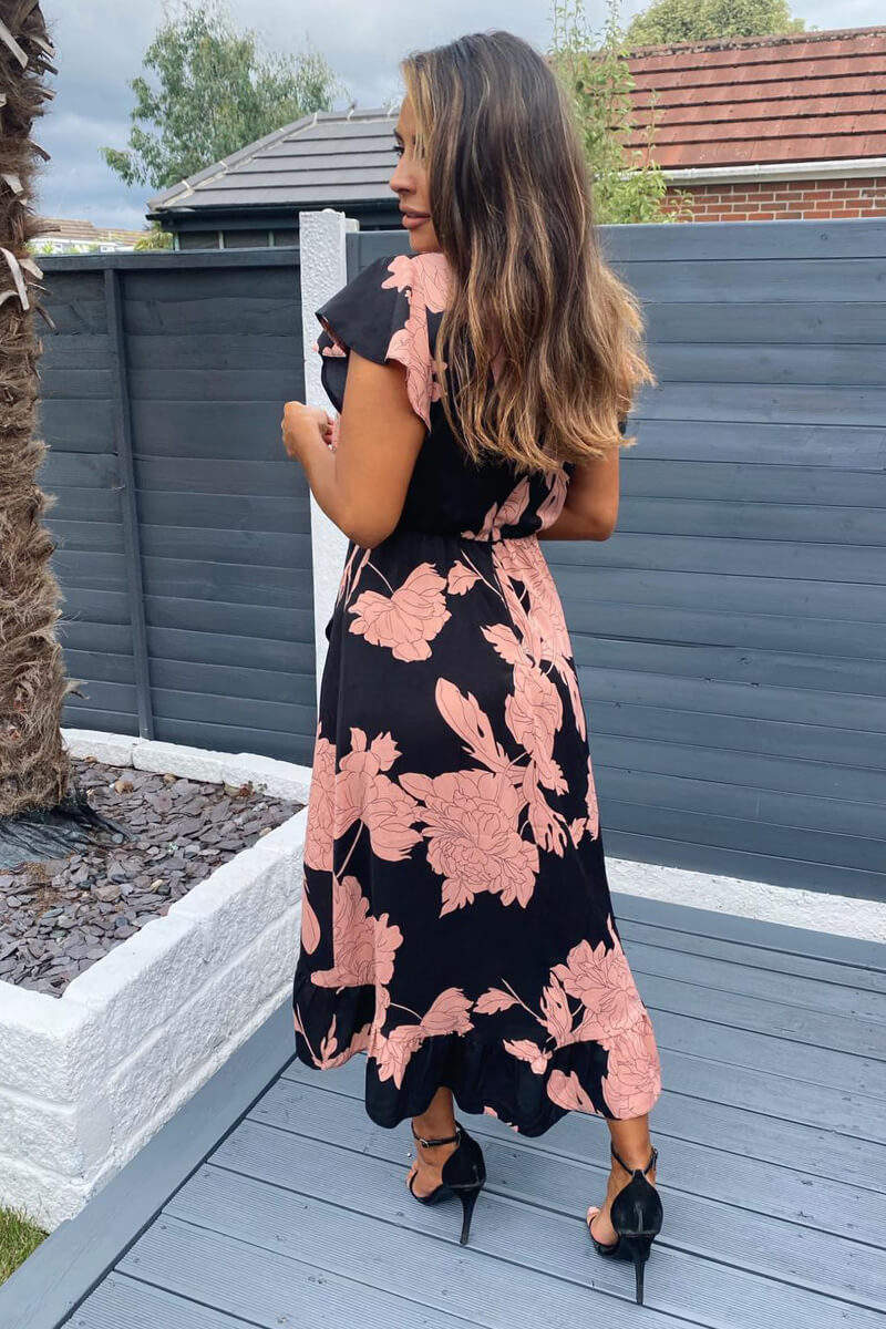 Black and Blush Floral Print Wrap Midi Dress * 20 pieces