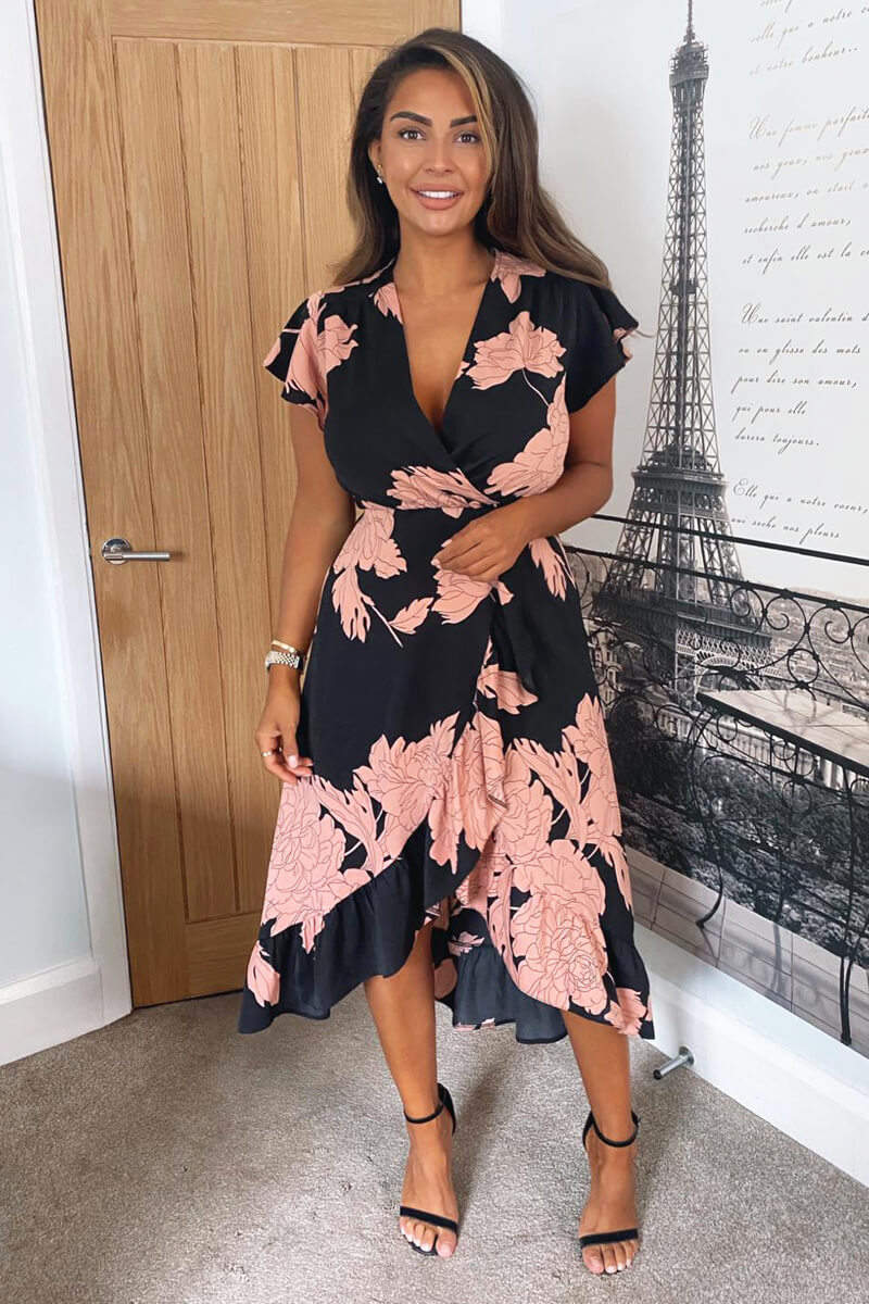Black and Blush Floral Print Wrap Midi Dress * 20 pieces